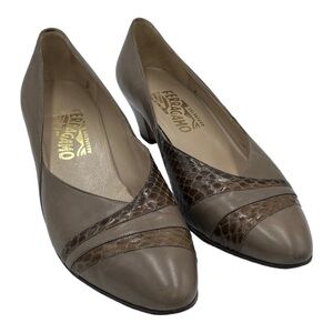 Salvatore Ferragamo Women Leather Heels Tan Alligator Inlay Italy Sz 10 AA